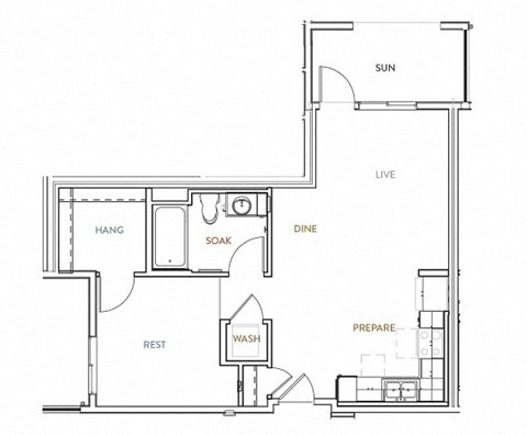 Floor plan for studio, 1 bath, 709 sqft